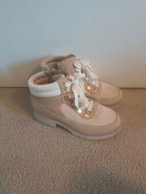 Girls Beige Suede Hiker Boots with White Trim
